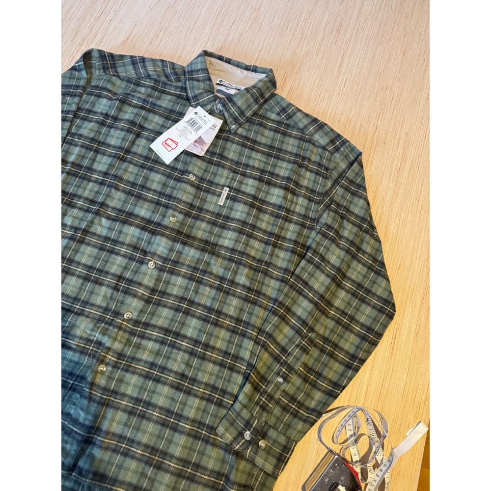 Columbia Mens Plaid Flannel Shirt Green Navy Blue Long Sleeve Button Large 44